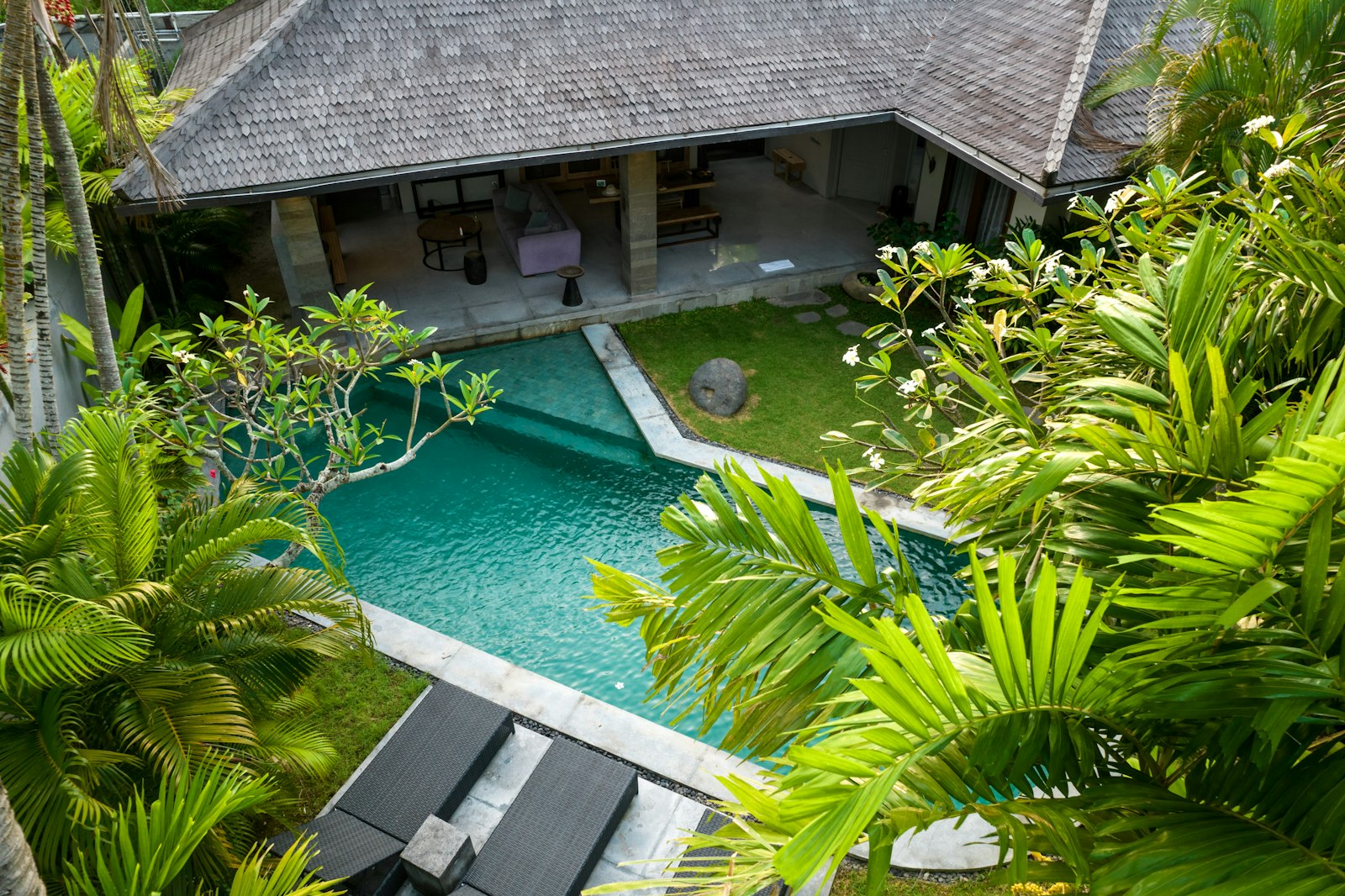 Kolam renang dikelilingi taman tropis